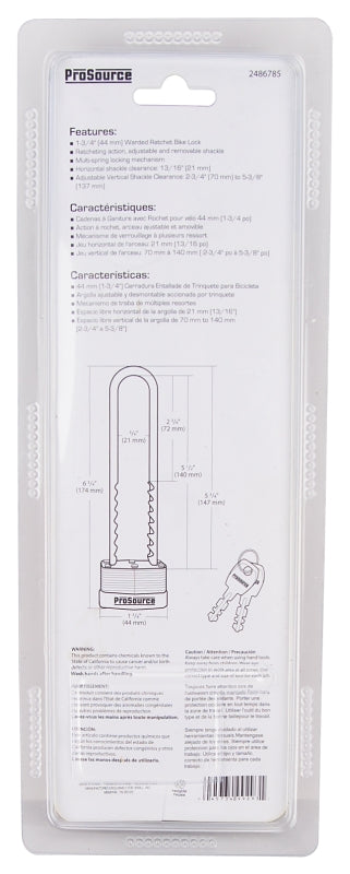 ProSource HD-520D-3L Padlock, Adjustable Shackle, 1/4 in Dia Shackle, 5-3/4 in H Shackle, Steel Shackle, Steel Body