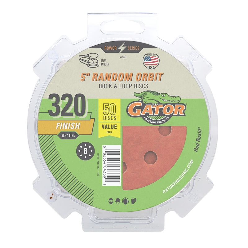 Gator 4339 Sanding Disc, 5 in Dia, 320 Grit, Very Fine, Aluminum Oxide Abrasive, Fiber Backing, 8-Hole