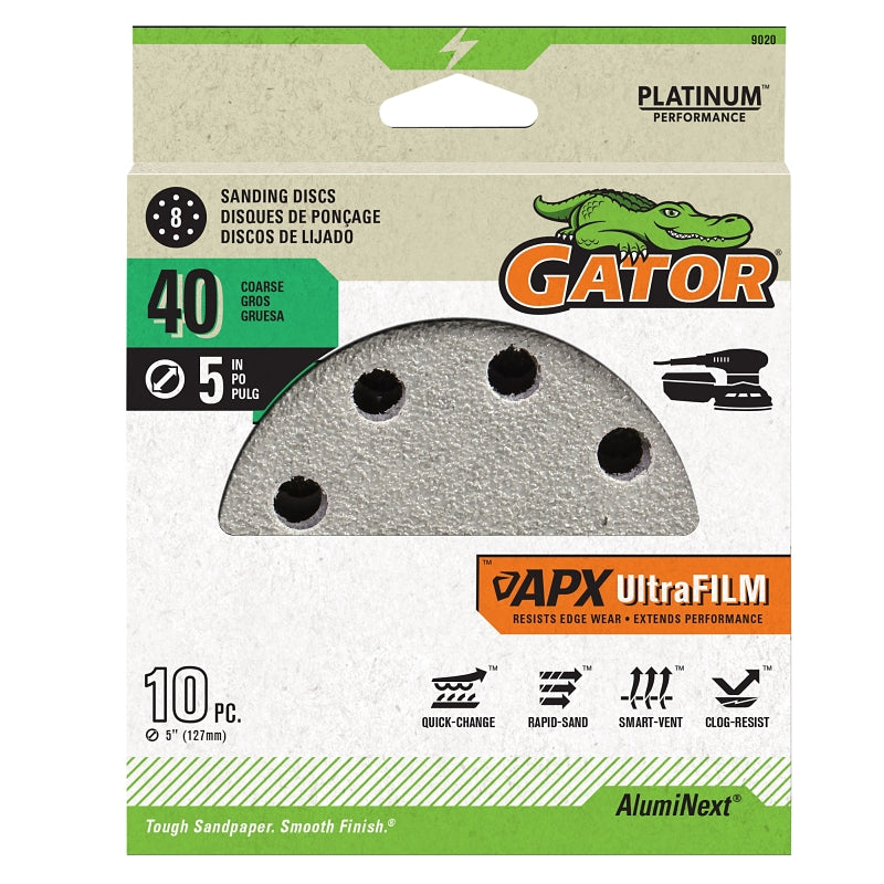 Gator 9020 Sanding Disc, 5 in Dia, 40 Grit, Extra Coarse, Aluminum Oxide Abrasive, Film Backing, 8-Hole