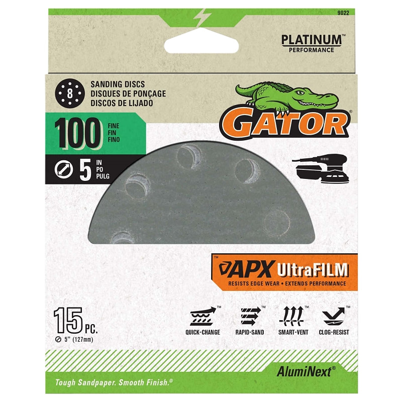Gator 9022 Sanding Disc, 5 in Dia, Coated, 100 Grit, Medium, Aluminum Oxide Abrasive, Film Backing, 8-Hole