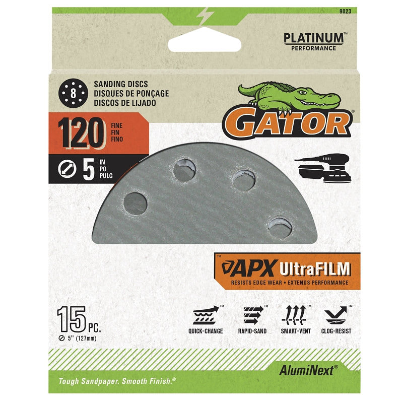 Gator 9023 Sanding Disc, 5 in Dia, 120 Grit, Fine, Aluminum Oxide Abrasive, Film Backing, 8-Hole