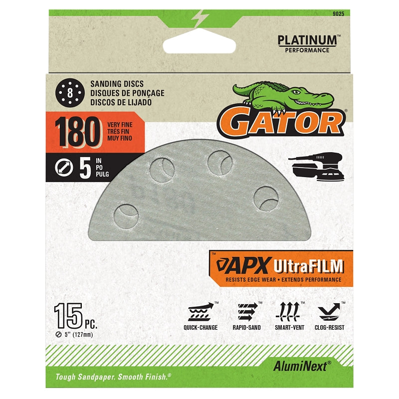 Gator 9025 Sanding Disc, 5 in Dia, 220 Grit, Extra Fine, Aluminum Oxide Abrasive, Film Backing, 8-Hole