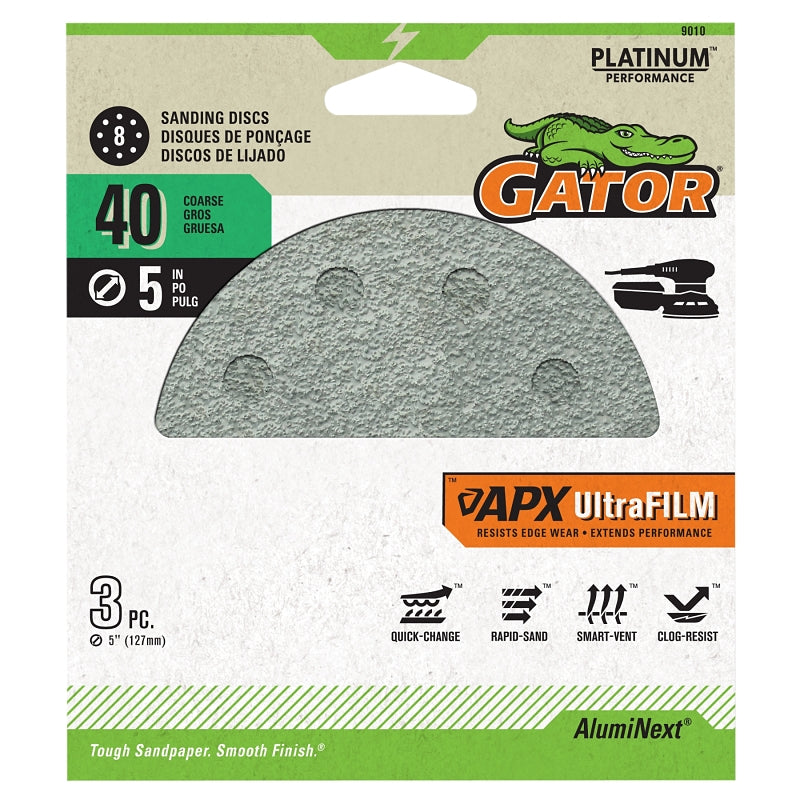 Gator 9010 Sanding Disc, 5 in Dia, 40 Grit, Coarse, Aluminum Oxide Abrasive, Film Backing, 8-Hole