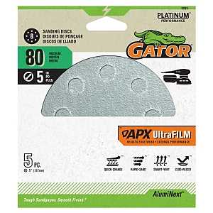 Gator 9203 Sanding Disc, 5 in Dia, 80 Grit, Medium, Ceramic Alumina Abrasive, Ultra Film Backing