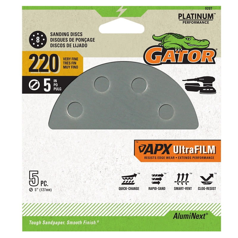 Gator 9207 Sanding Disc, 5 in Dia, 220 Grit, Fine, Ceramic Alumina Abrasive, Ultra Film Backing, 8-Hole