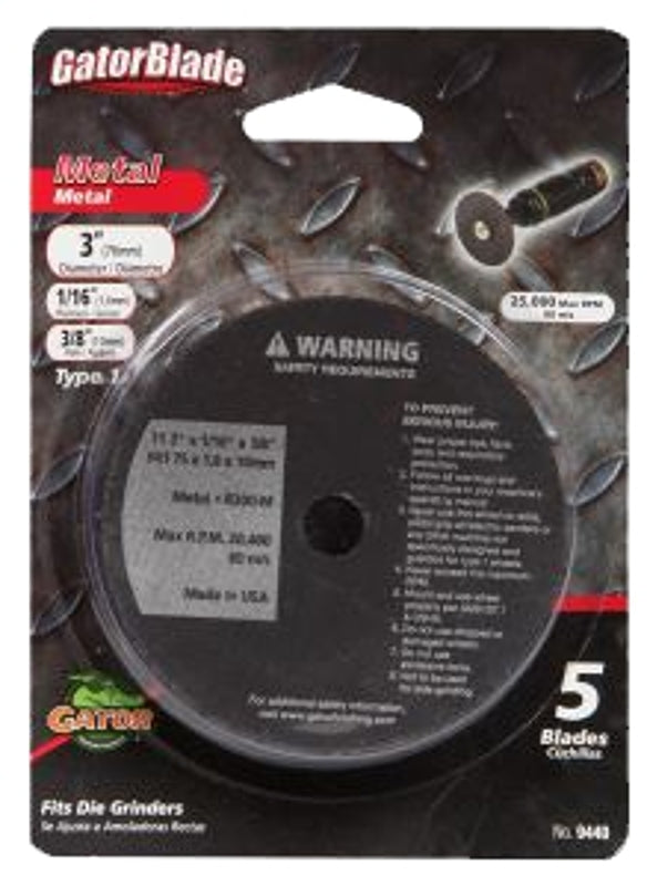 Gator 9440GA Cut-Off Blade, 3 in Dia, 1/16 in Thick, 3/8 in Arbor, Aluminum Oxide Abrasive