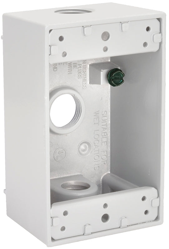 Bell Outdoor 5320-1 Weatherproof Box, 2-13/16 in W, 4-9/16 in D, 2-9/64 in H, 3-Knockout, Aluminum, White