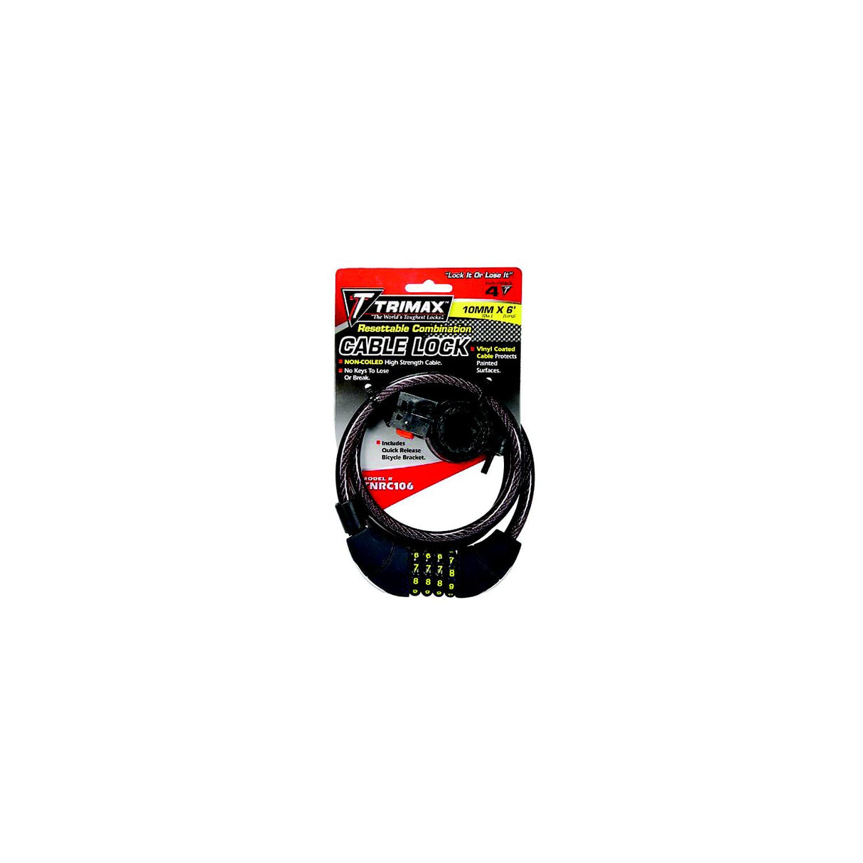 Trimax TNRC106 Trimaflex Non-Coiled Resettable Combination Cable Lock, 6' x 10mm