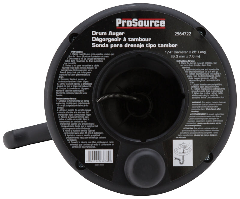 ProSource DA00003P-25 Drum Auger, 1/4 in Dia Cable, 25 ft L Cable