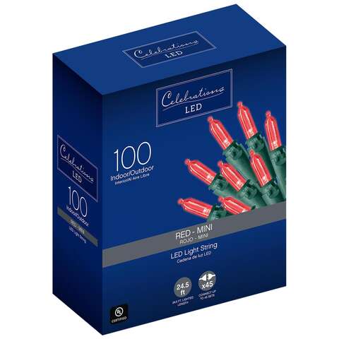 Celebrations Blue LED Mini Red 100 ct String Christmas Lights 24.5 ft., Pack of 12