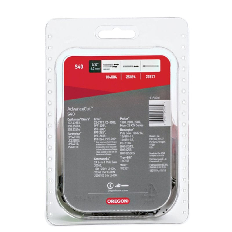 Oregon S40 Chainsaw Chain, 10 in L Bar, 3/8 in TPI/Pitch, 40-Link