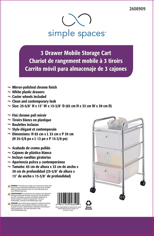 Simple Spaces G003-CH Storage Cart, 15-3/8 in OAW, 25-5/8 in OAH, 13 in OAL, 3-Shelf, White Shelf