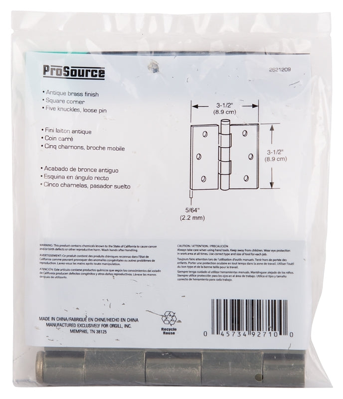 ProSource 20338ABX Square Corner Door Hinge, 3-5/8 in H Door Leaf, 1-1/2 in W Door Leaf, 2.2 mm Thick Door Leaf, Steel
