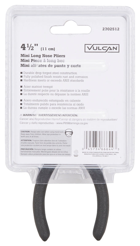 Vulcan JL-NP017 Mini Long Nose Pliers, 5 in OAL, 0.5 mm Cutting Capacity, 3 cm Jaw Opening, Black Handle, 1/2 in W Jaw