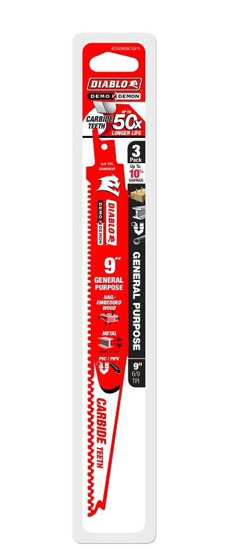Diablo DS0909CGP3 Reciprocating Saw Blade, 1 in W, 9 in L, 6/9 TPI, Carbide Cutting Edge