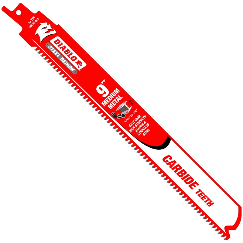 Diablo DS0910CF Series Reciprocating Saw Blade, Applicable Materials: Metal, 9 in L, 10 TPI, Carbide Cutting Edge, 1/PK