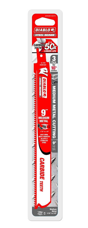 Diablo DS0910CF3 Series Reciprocating Saw Blade, Applicable Materials: Metal, 9 in L, 10 TPI, Carbide Cutting Edge, 3/PK
