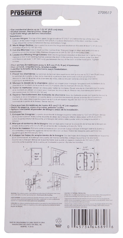ProSource BH-102SC-PS Door Hinge, 3-1/2 in H Door Leaf, 3-1/2 in W Door Leaf, 2.2 mm Thick Door Leaf, 3-1/2 x 3-1/2 in