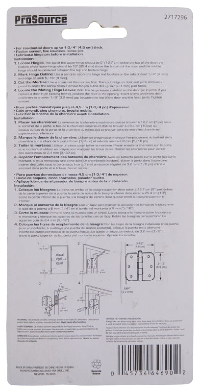 ProSource BH-102SN-PS Door Hinge, Steel, Satin Nickel, Loose Pin, 180 deg Range of Motion, Screw Mounting