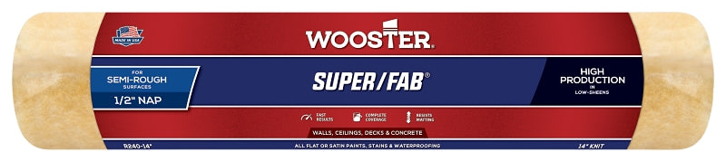 Wooster Super/Fab R240-14 Roller Cover, 1/2 in Thick Nap, 14 in L, Fabric Cover, Golden Yellow
