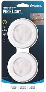 Westek BL-PUTN-W2 Compact Ultra-Thin Puck Light, 12 V, AAA Battery, 1-Lamp, LED Lamp, 50 Lumens, White, 2/CD