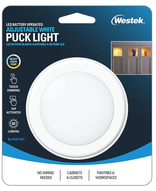 Westek BL-PCCT-W1 Series Adjustable Puck Light, 3.37 in Dia, AA Battery, LED Lamp, 80 Lumens, White, 1/CD
