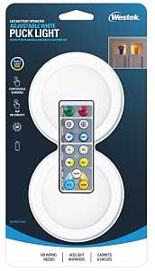 Westek BL-PCCT-W2 Series Adjustable Puck Light, 3.37 in Dia, AA Battery, LED Lamp, 80 Lumens, White, 2/CD