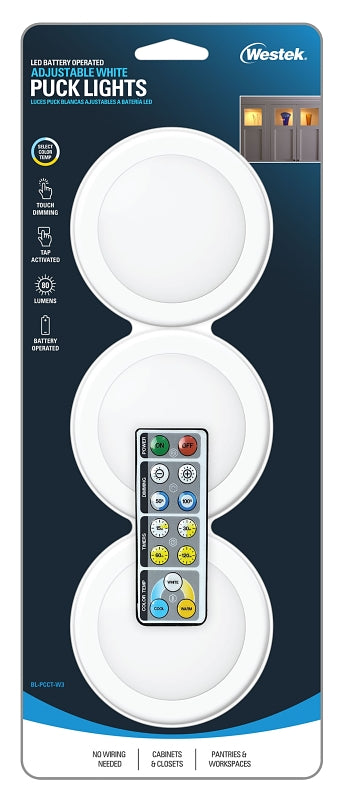 Westek BL-PCCT-W3 Series Adjustable Puck Light, 3.37 in Dia, AA Battery, LED Lamp, 80 Lumens, White, 3/CD