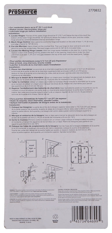 ProSource BH-402SN-PS Door Hinge, 4 in H Door Leaf, 4 in W Door Leaf, 2.2 mm Thick Door Leaf, 4 x 4 in, Steel, Loose Pin