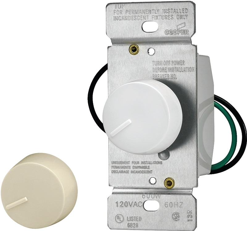 Eaton Wiring Devices RI061-VW-K2 Rotary Dimmer, 120 V, 600 W, Halogen, Incandescent Lamp, Ivory/White