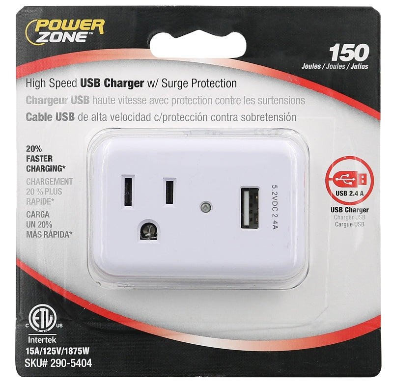 PowerZone ORUSB241S Surge Protector Tap, 2-Pole, 125 V, 15 A, 1-Outlet, 150 Joules Energy