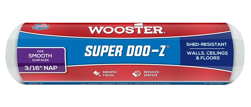 Wooster SUPER DOO-Z R206-9 Roller Cover, 3/16 in Thick Nap, 9 in L, Fabric Cover, White