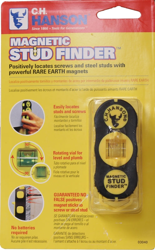 CH Hanson 3040 Magnetic Stud Finder, 1 in Detection, Black/Yellow, Detectable Material: Metal/Wood
