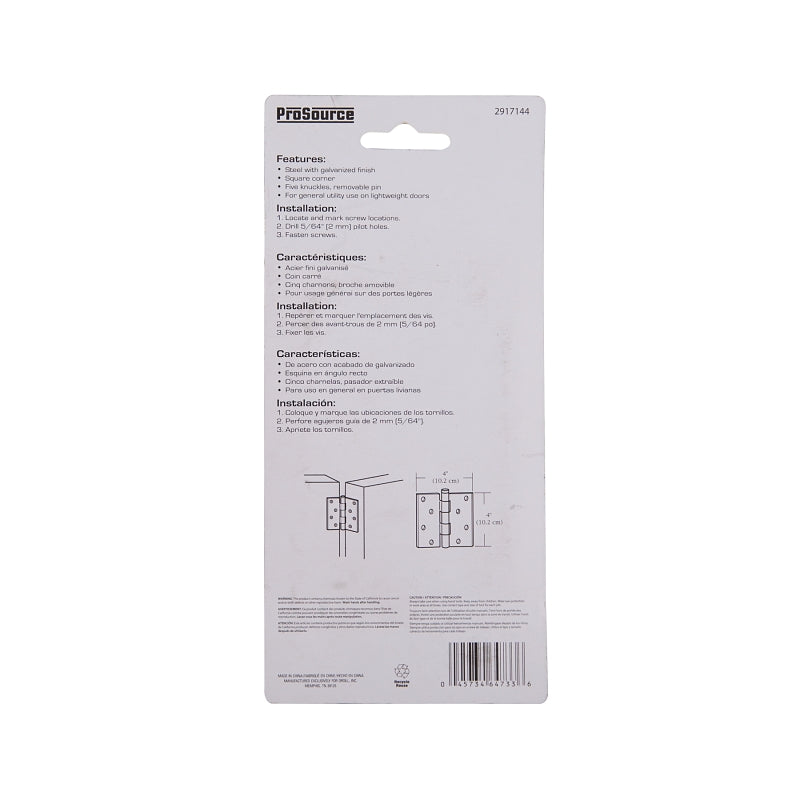 ProSource LR-046-PS Utility Hinge, Steel, Galvanized, Removable Pin, Full Mortise Mounting, 70 lb