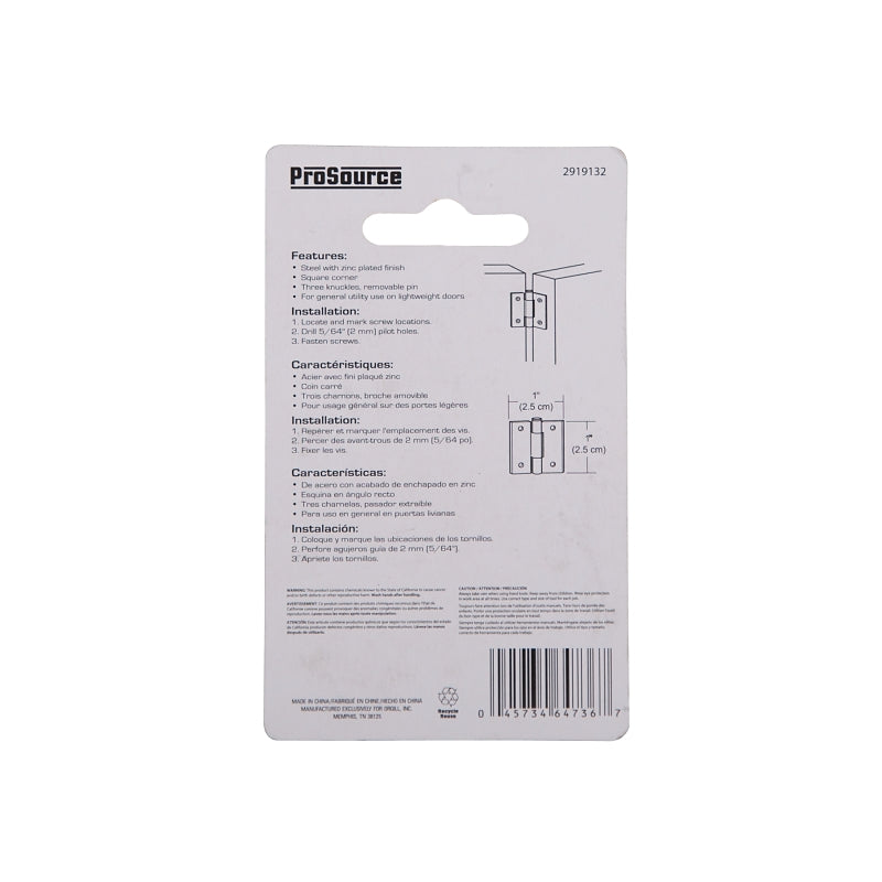 ProSource LR-052-PS Utility Hinge, Steel, Zinc, Removable Pin, 180 deg Range of Motion, Full Mortise Mounting, 7 lb