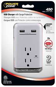 PowerZone ORUSB342S USB Charger, 2-Pole, 125 V, 15 A, 2-Outlet, 450 Joules Energy