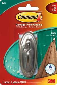 Command 17051BN-B Decorative Hook, 3-1/8 in L x 1-1/4 in W x 1-1/2 in H Dimensions, 3 lb, 1-Hook, Plastic