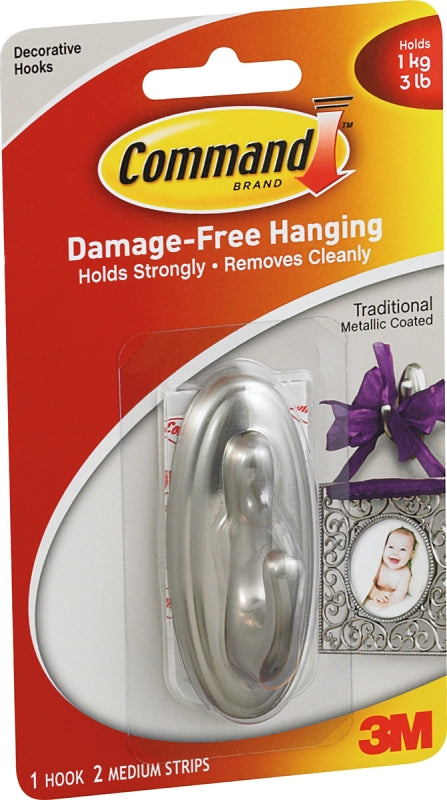 Command 17051BN Decorative Hook, 3 lb, 1 -Hook, Plastic, Silver, Brushed Nickel