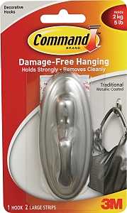 Command 17053BN Decorative Hook, 5 lb, 1 -Hook, Plastic, Silver, Brushed Nickel