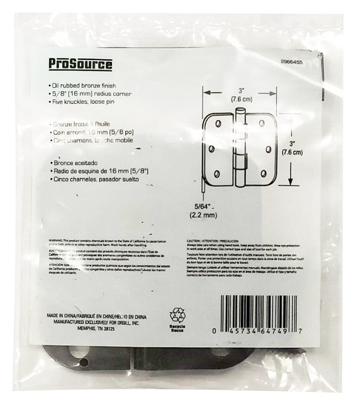 ProSource LR-704-PS Door Hinge, Steel, Oil-Rubbed Bronze, Loose Pin, 180 deg Range of Motion, Screw Mounting