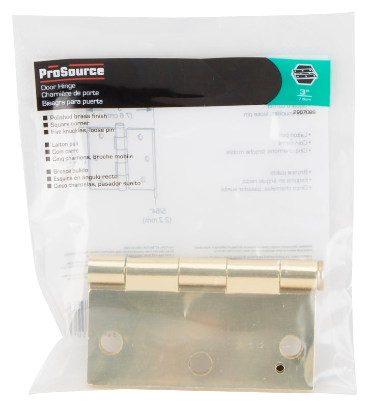 ProSource LR-705-PS Square Corner Door Hinge, Steel, Polished Brass, Loose Pin, 180 deg Range of Motion