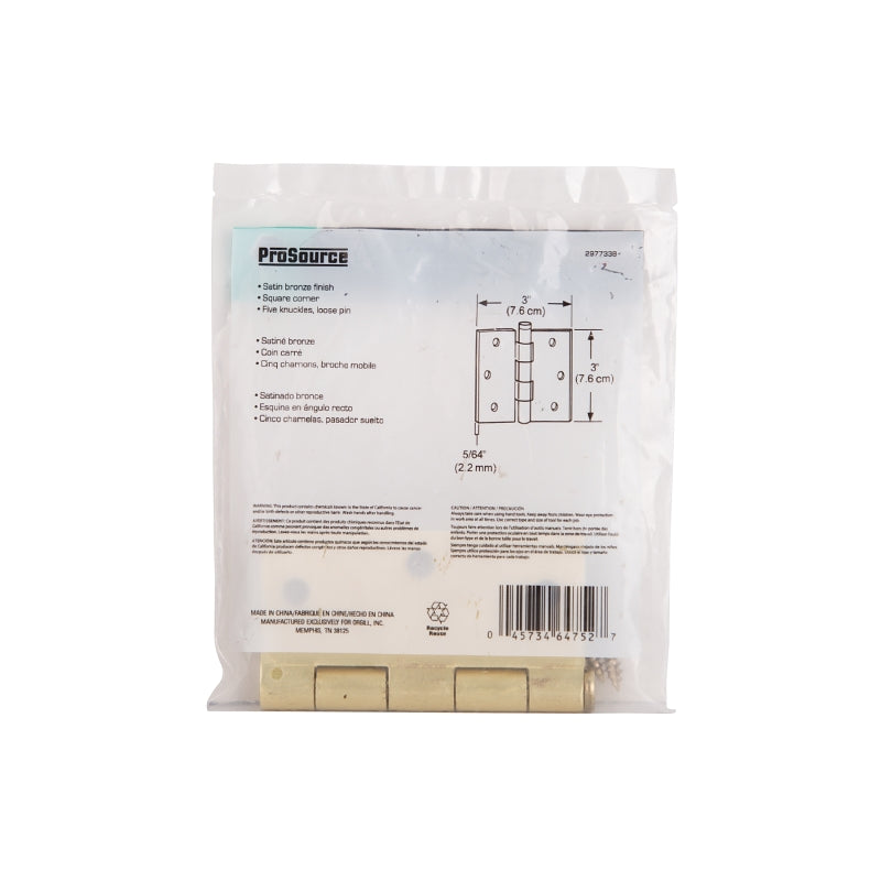 ProSource LR-707-PS Square Corner Door Hinge, Steel, Satin Bronze, Loose Pin, 180 deg Range of Motion