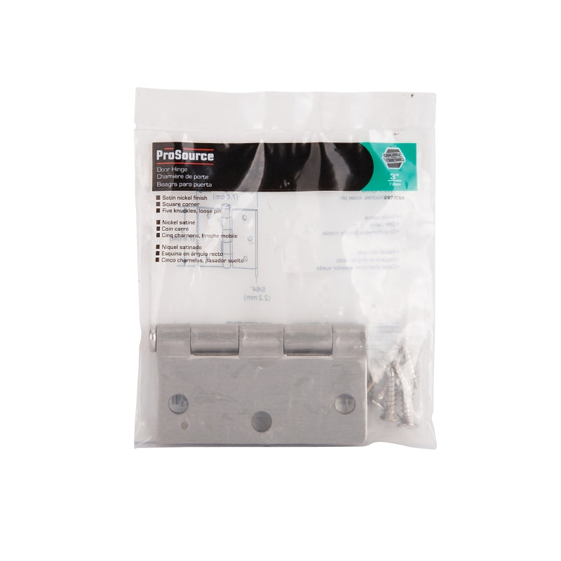 ProSource LR-708-PS Square Corner Door Hinge, Steel, Satin Nickel, Loose Pin, 180 deg Range of Motion