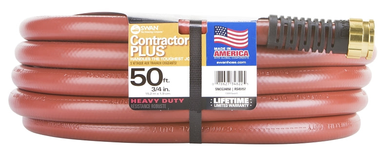 Swan ContractorPLUS CSNCG34050 Heavy-Duty Garden Hose, 3/4 in, 50 ft L, Female, Rubber/Vinyl, Red