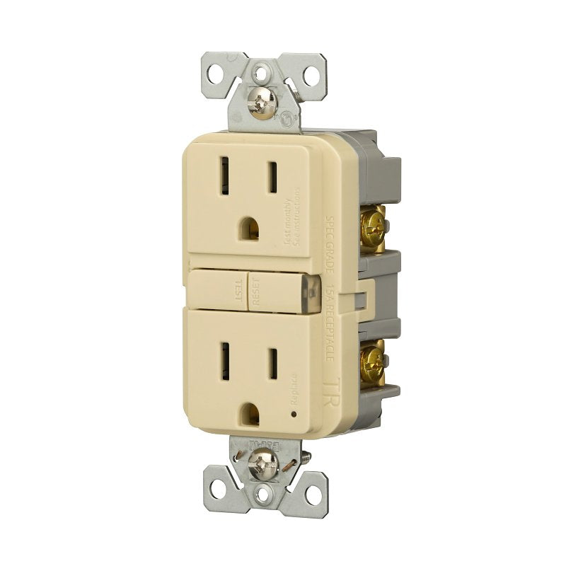 Eaton TRGF15V Self-Test GFCI Receptacle, 125 V, 15 A, NEMA: NEMA 5-15R, Back, Side Wiring, Ivory
