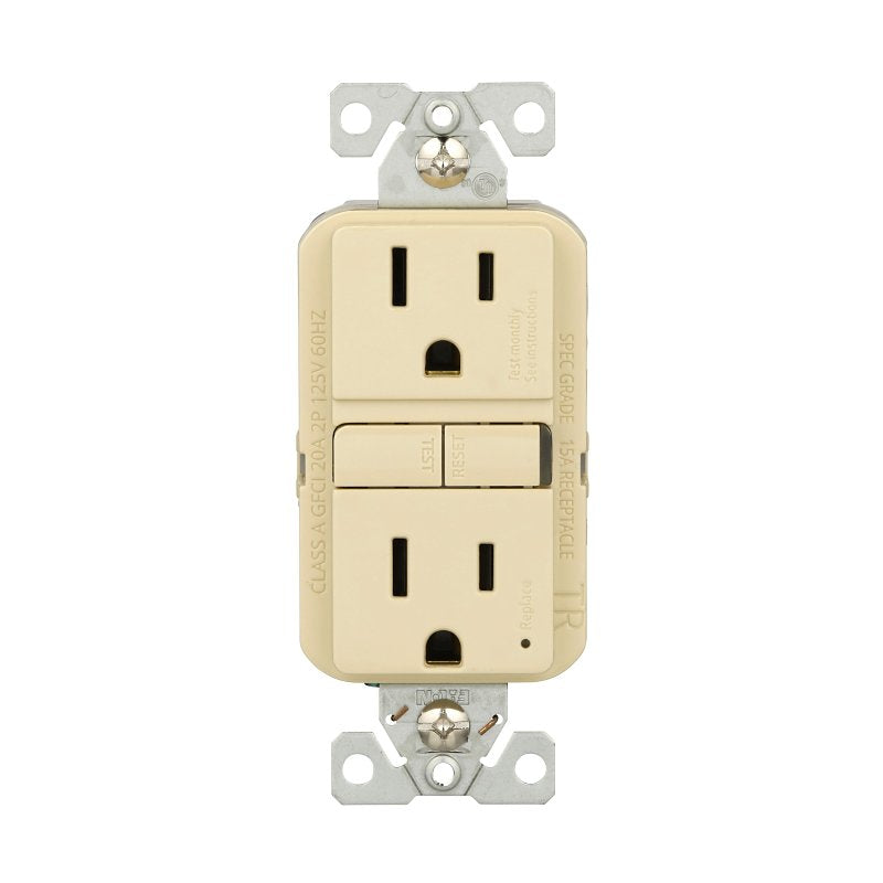 Eaton TRGF15V-3-L Self-Test GFCI Receptacle, 125 V, 15 A, NEMA: NEMA 5-15R, Back, Side Wiring, Ivory