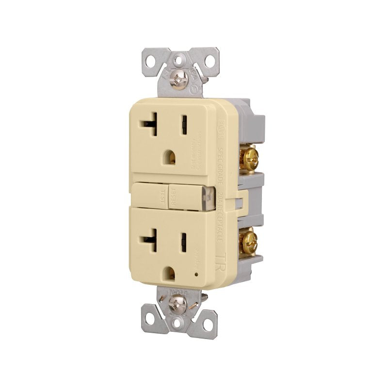 Eaton TRGF20V Tamper-Resistant Self-Test GFCI Receptacle, 125 V, 20 A, NEMA: NEMA 5-20R, Back, Side Wiring, Ivory