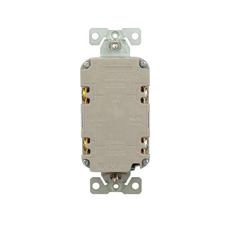 Eaton TRGF20W Tamper-Resistant Self-Test GFCI Receptacle, 125 V, 20 A, NEMA: NEMA 5-20R, Back, Side Wiring, White