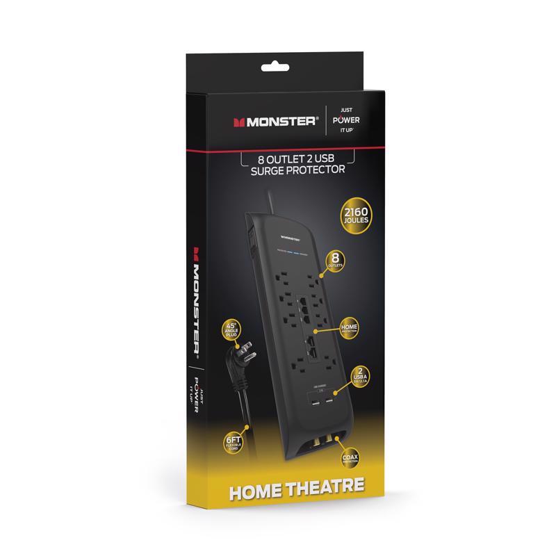 Monster Just Power It Up 6 ft. L 8 outlets Surge Protector w/USB Black 2160 J