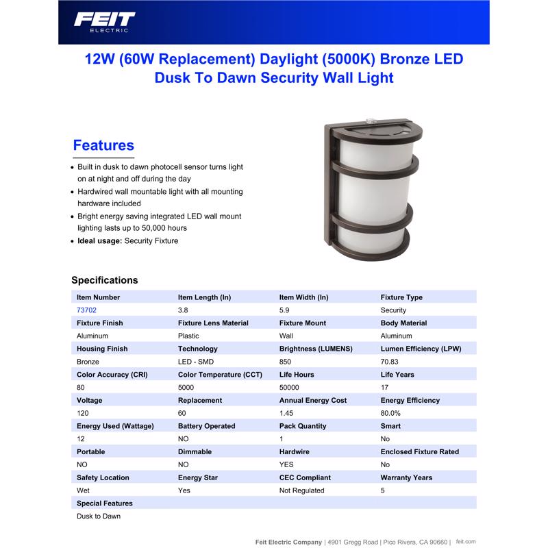 Feit LED Dusk to Dawn Hardwired LED Bronze Security Wall Light